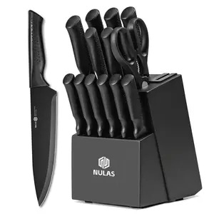 NULAS Knife Set, 14Piece Knife Sets for Kitchen with Block, Dishwasher Safe, Built in Sharpener Block, Black