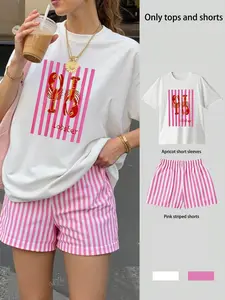Women's Lobster Print Round Neck T-Shirt Loungewear Set Matching with Striped Shorts, Casual Fashion for Daily Wear, Outdoor Sports