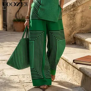 UOOZEE Women's Green Geometric Print Elastic Waist Wide Leg Pants(ONLY), Summer Palazzo Trousers with Pockets, Casual Breathable Lightweight 95% Polyester Blend Casual Pants, Size Up for Curvy Waist,summervibes