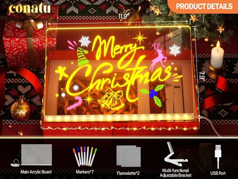 Conatu 儿童亚克力画板，亚克力干擦发光板，带支架、马克笔、湿巾、喷雾瓶和描图纸，可擦写重复使用，适合儿童学习，是生日、万圣节、圣诞节的理想礼物，也可作装饰霓虹灯。