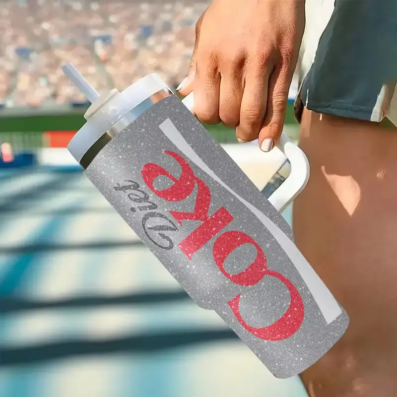 Diet Coke 40oz Insulated Tumbler With Handle And Straw, Sugar-free Diet Soft Drinkware, Feminine Travel Insulated Stainless Steel Mug, Fashionable Gift For People With Diabetes, People Who Want To Lose Weight, Trending Tumbler On Tiktok