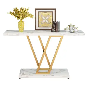 2-Tier Console Table with V-Shaped Frame White Marble Finish Gold Metal Legs Modern Industrial Sofa Table for Living Room 42 Inch Narrow Design