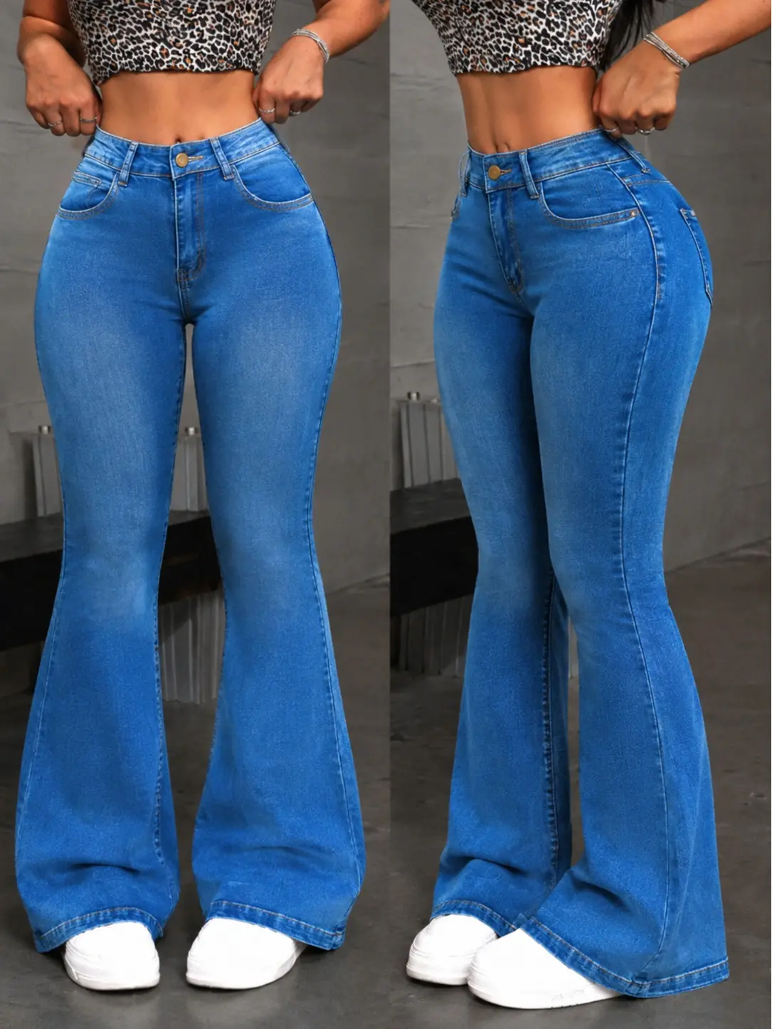 Women's Elastic Pull-On Flare Jeans - Skinny-Flared Bootcut Denim Jeggings, Trendy Bottoms