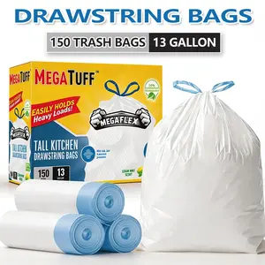 150-Count 13 Gal Boxed Drawstring Trash Bags, Non-Tear Puncture-Resistant Disposable Drawstring Bag with Odor Elim Technology, Lemon Mint Scent, Durable Easy-to-Use Kitchen Supplies