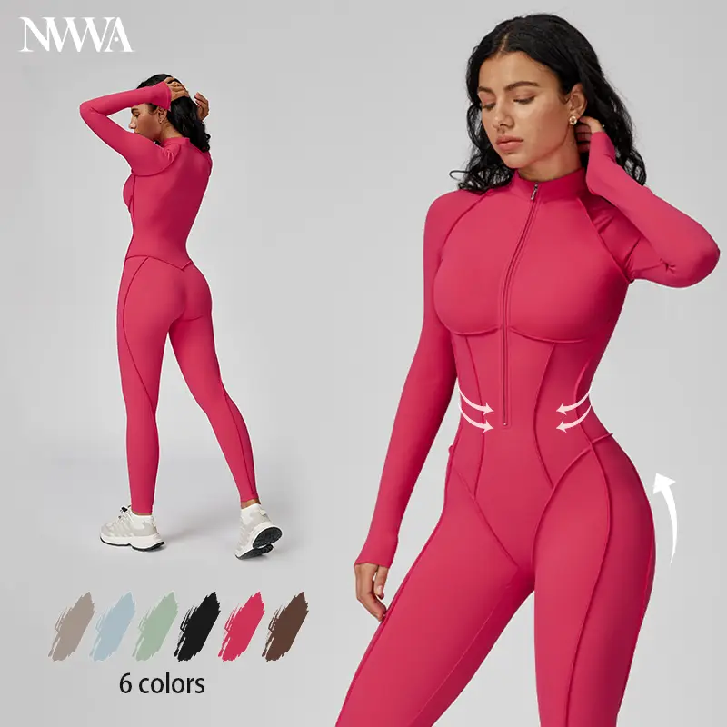 Women's Contour Seam Long-Sleeve Bodycon Workout Jumpsuit - Tummy Control Zip, Padded, Full-Length Shapewear, Edge Seams, Sleek Lines, Full Coverage, Workout Gym Clothing, Fitness Sport Outfits, Athletic Style Activewear, 1-Piece Body for Yoga, Pilates