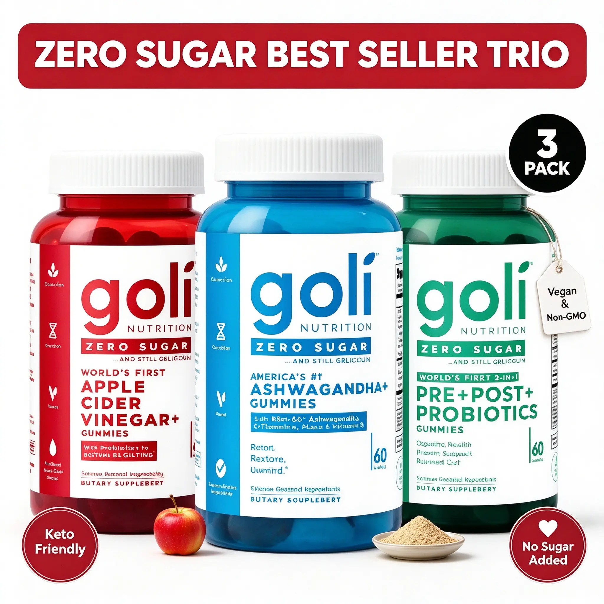 Goli Nutrition Zero Sugar 3 Pack Gummies Bundle | Apple Cider Vinegar, Ashwagandha, Pre+Post Probiotics, Gut Digestion