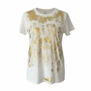 Ladies S/S Deconstructed Metallic Gold and White Tee with Unique Abstract Design