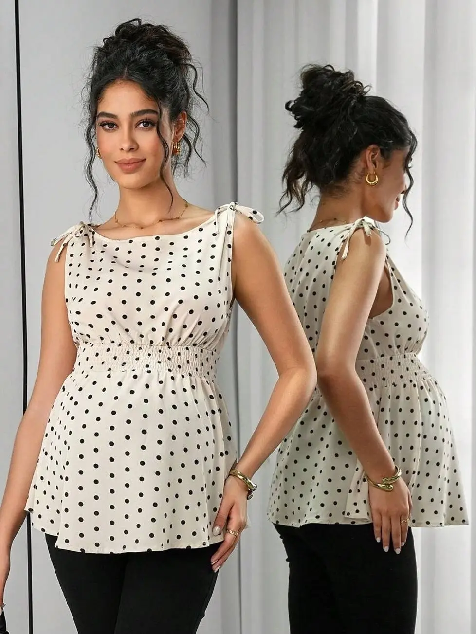 Maternity Polka Dot Camisole, Knotted Shoulder Waist Summer Pregnancy Tank