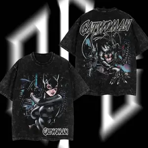 Superstyle The Crimson Cat "Selina Kyle" Catwoman Superhero MCU Comics Edition Double Printed Oversize Lightweight Acid Washed Tee Hoodie Sweater TV Series Graphic Design Top Cotton Streetwear Comic Superheroes T-Shirt Clothes Menswear Womenswear Q2J