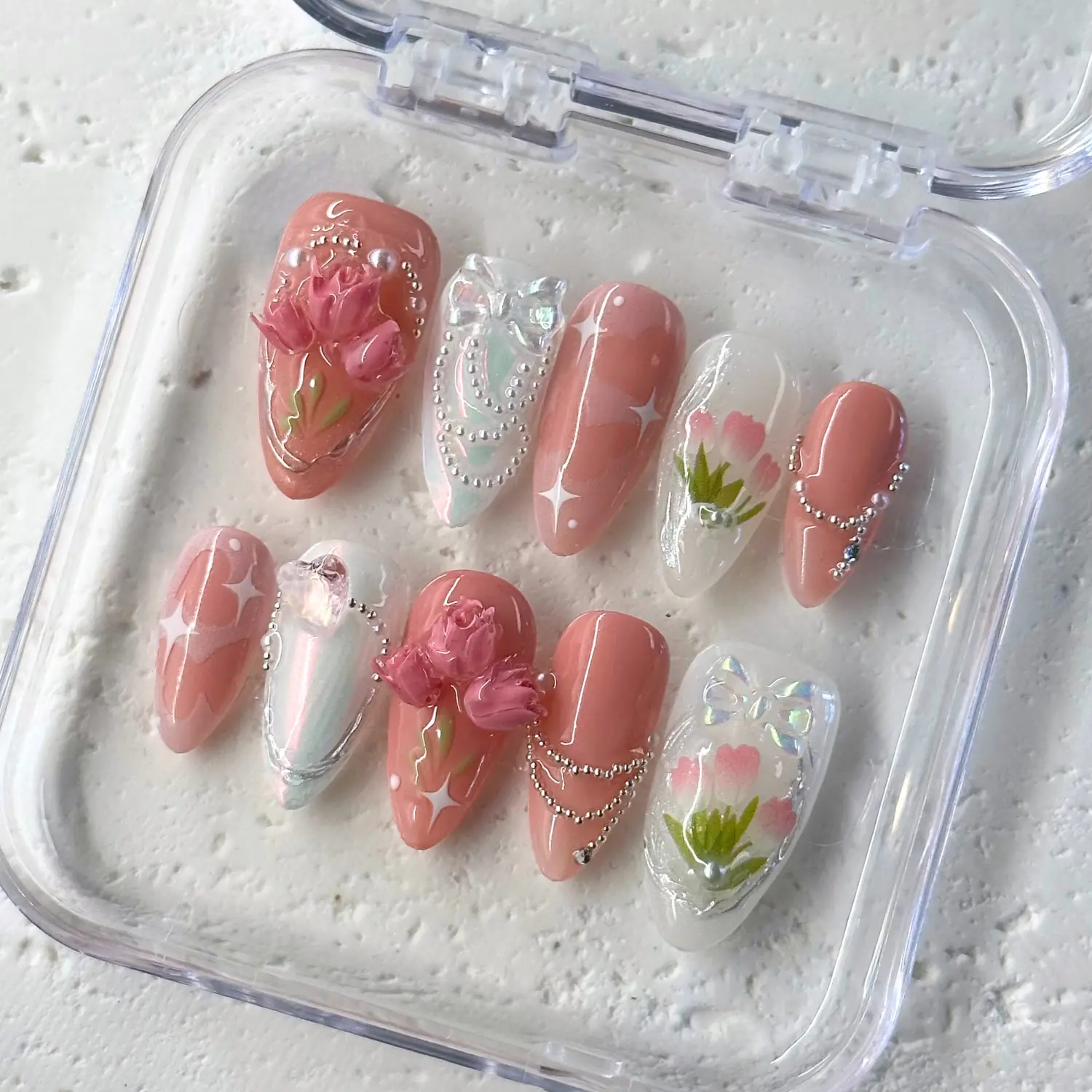 NailPhoria TULIP PICNIC - Handmade Press-On Nails | Reusable, Salon-Quality, Long-Lasting, Glossy Design
