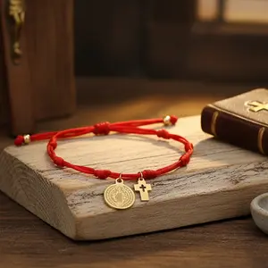 VEVE Red Cord Jesus Cross & Medal Bracelet - Hand-Braided Adjustable Pull Cord Gold Plated Faith-Inspired Lucky Daily Wear Religious Wristwear