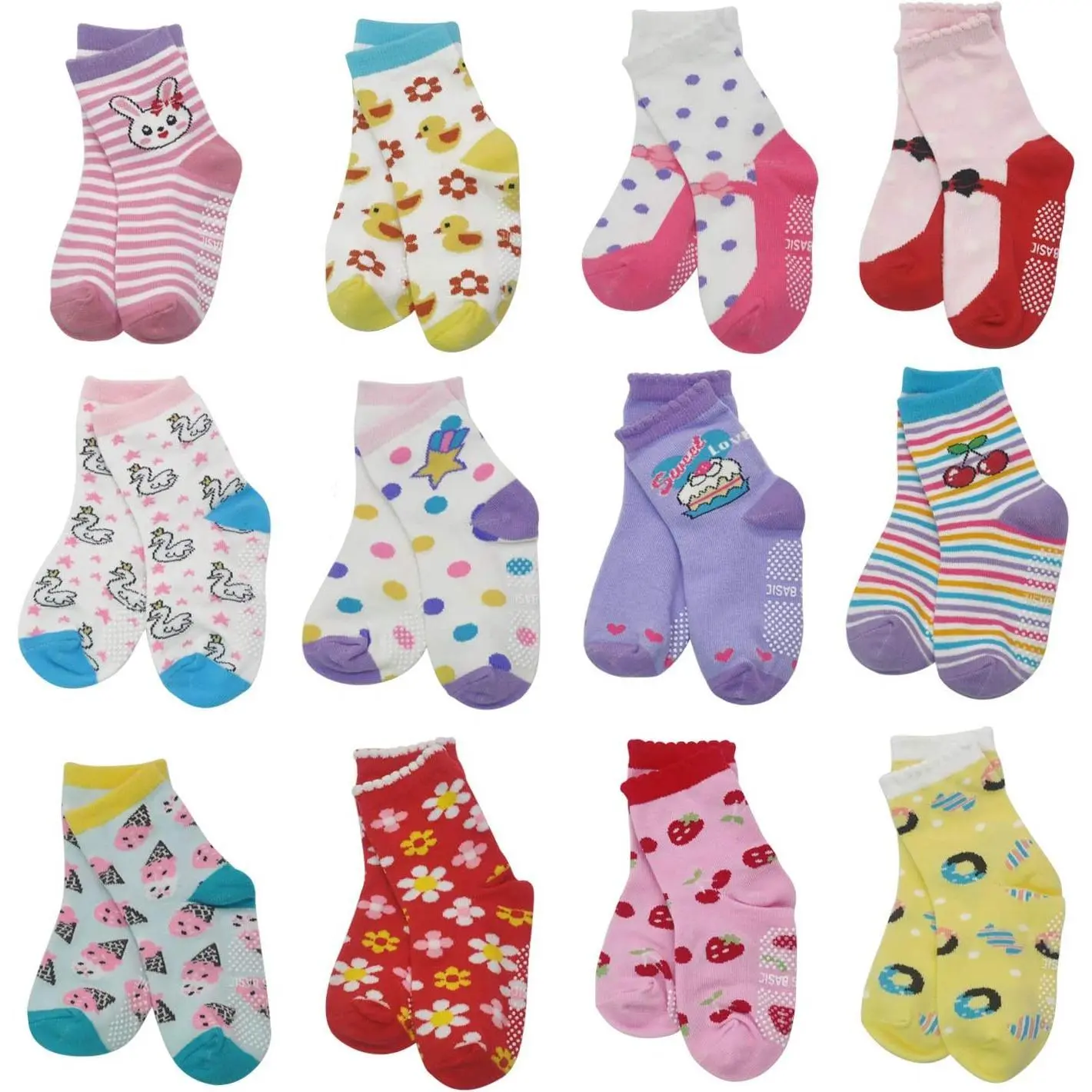 KF5-SOC12  Toddlers Kids Non Slip Socks Grips Sticky Slippery Crew Socks for 1-7 Years Old 12 Pairs Children Boys Girls Socks