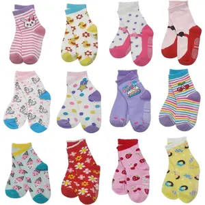 KF5-SOC12  Toddlers Kids Non Slip Socks Grips Sticky Slippery Crew Socks for 1-7 Years Old 12 Pairs Children Boys Girls Socks