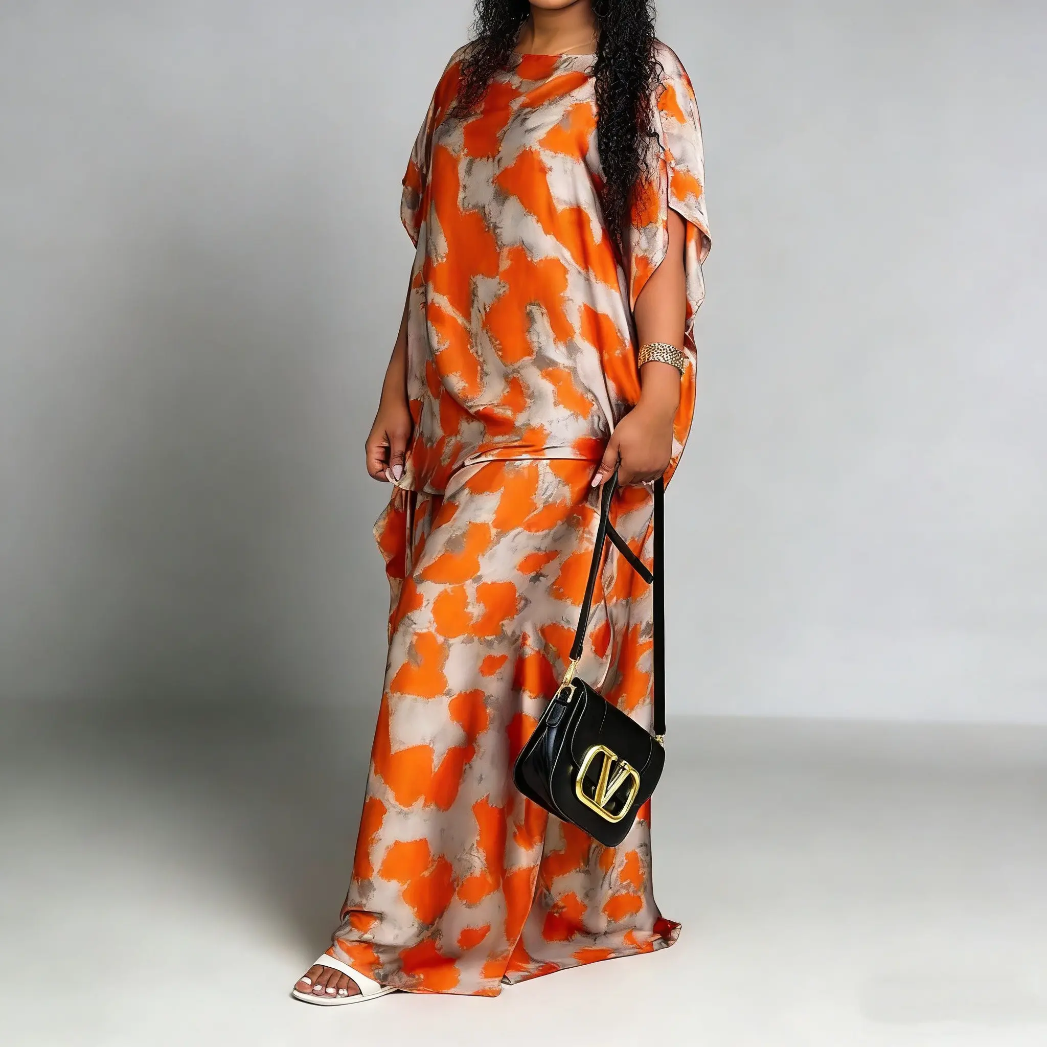 Bright Orange and Neutral Abstract Print 2-Piece Kaftan Set + Matching Head Wrap | Oversized Plus Size Maxi Dress Set Kaftan Style