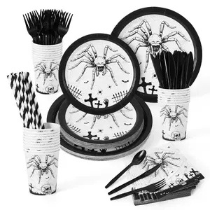 215-Piece Disposable Dinnerware Set - Halloween Skeleton Decorations Paper Plates, Cups, Napkins