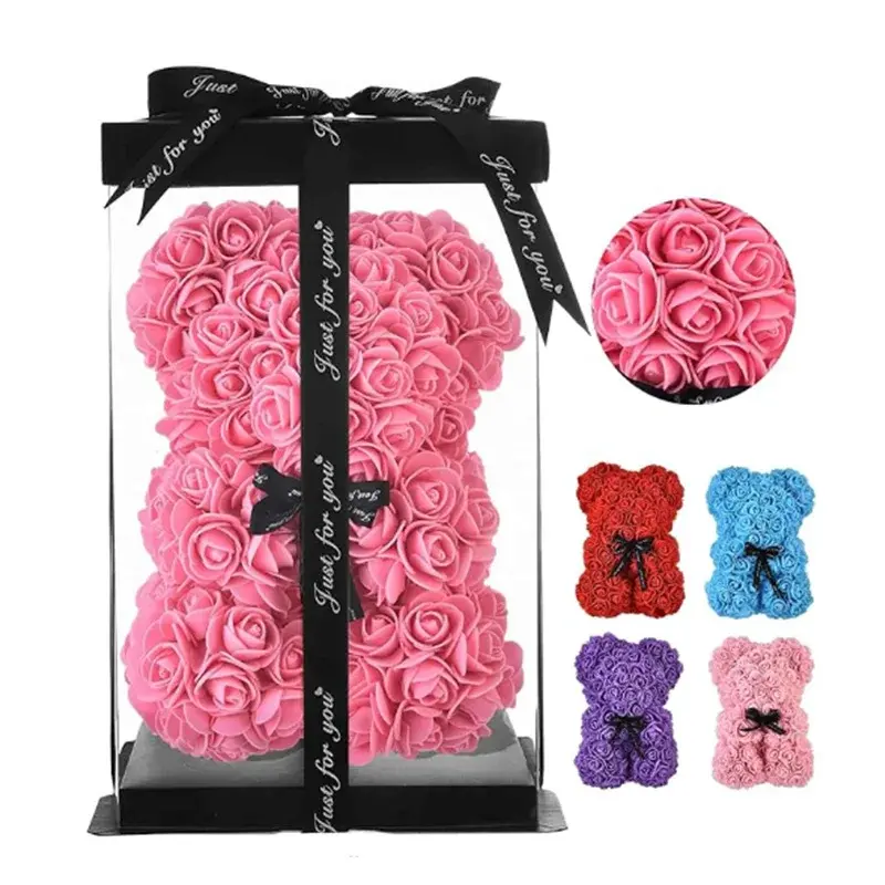 25cm Rose Teddy Bear with Gift Box 🌹 Romantic Valentine’s Day Gift for Her | Artificial Flower Bear for Anniversary, Wedding & Birthday FUJIN