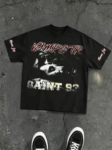 American Vintage Gothic Print Short Sleeve T-Shirt, Loose-Fit Oversize Streetwear Top, Men's Casual Long Tee, Saint93 Brand