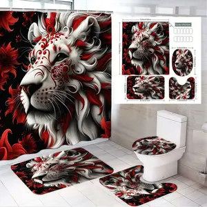 4pcs Bold Lion-Themed Bathroom Set, Artistic Floral Accents, Stylish Shower Curtain, The floor mat fabric is thicker and softer!Matching Bath Rugs & Toilet Lid Cover, Festive Home Decor
