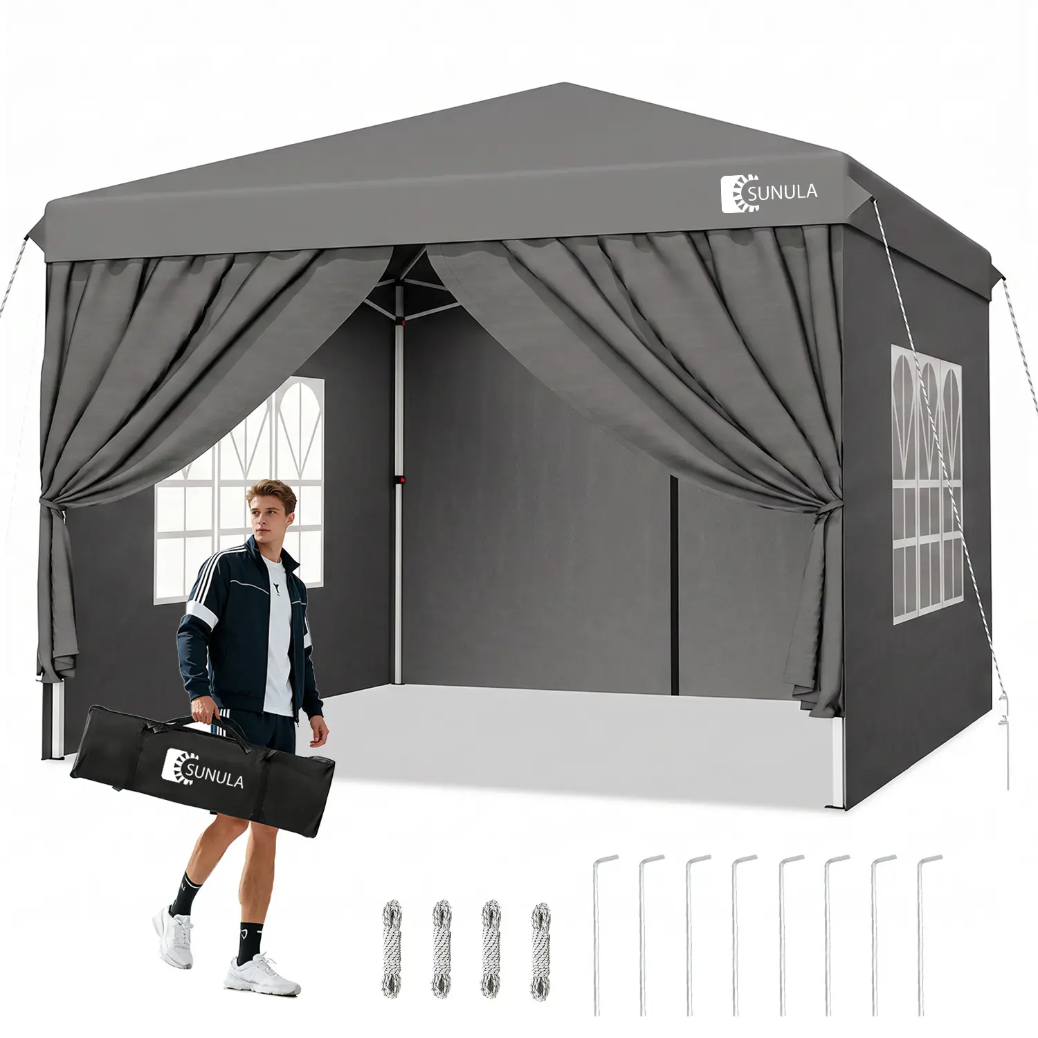 Sunula 10x10 FT Portable Pop Up Gazebo with 4 Sidewalls, Heavy Duty Waterproof Outdoor Canopy for Patio, Reinforced Steel Frame Folding Weather Resistant Shelter (Gray, UV Resistant, Beach Cabana), Portable Gazebo, Uv Resistant Canopy
