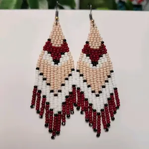 Beaded Earrings - Brown, White, and Black Beaded Earrings with Fringe Design