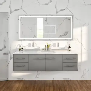 Wave 72 in. Gray Wall Mount Double Sink  Bath Vanity with White Quartz Top and Vessel Porcelain Sinks