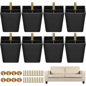 8 Pack 3 Inch Furniture  Plastic Sofa Couch  Square Tapered  Sofa  with M8 T-Nuts Screws for  Sofas Chairs Cabinets Dressers Beds, Black