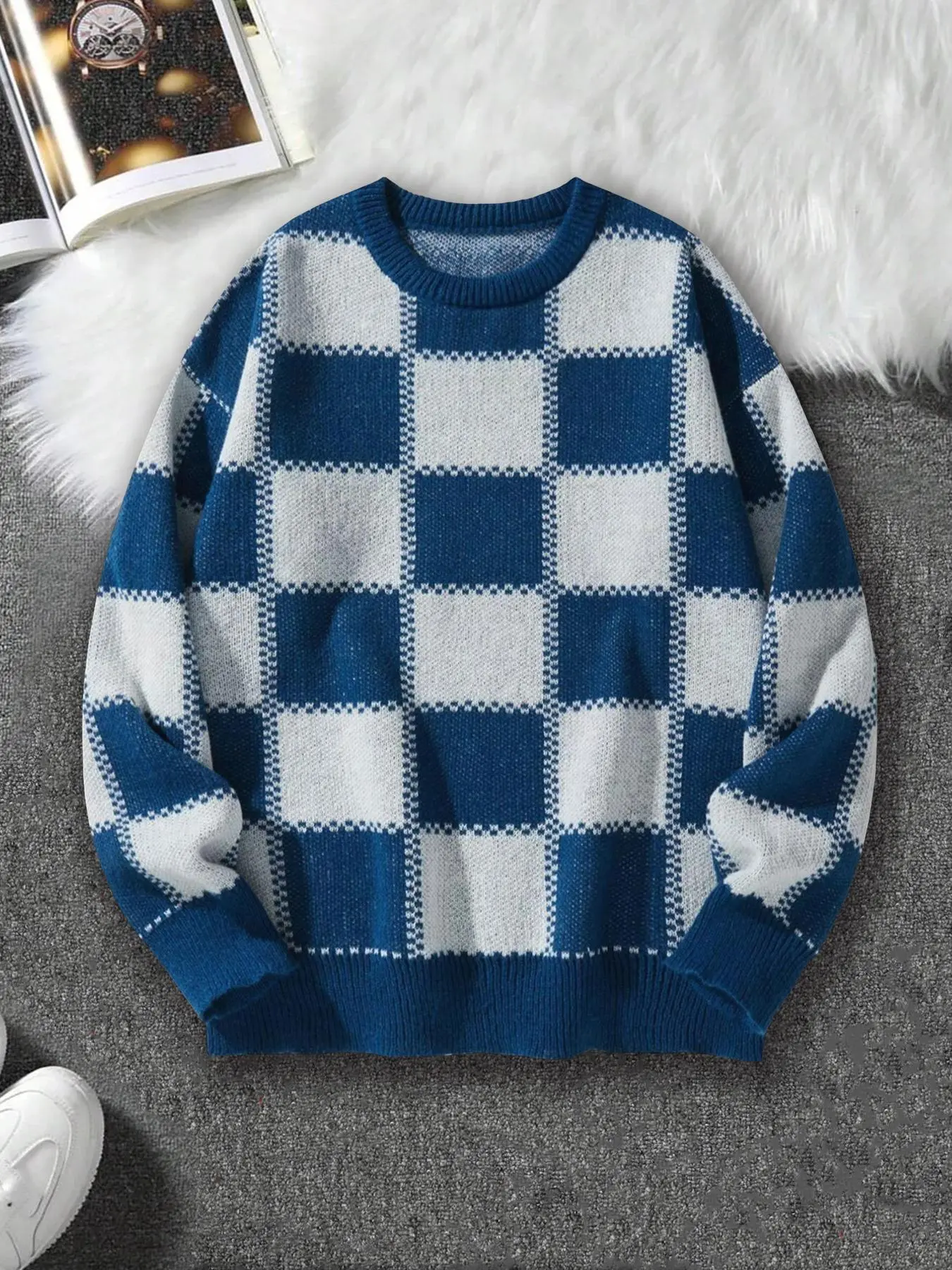 Unisex Men's All Over Print Plaid Checked Drop Shoulder Sweater, Loose Casual Long Sleeve Round Neck Jumper for Fall & Winter, Fashion Men's Knitwear for Daily Wear