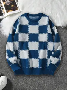 Unisex Men's All Over Print Plaid Drop Shoulder Sweater, Loose Casual Long Sleeve Round Neck Jumper for Fall & Winter, Fashion Men's Knitwear for Daily Wear