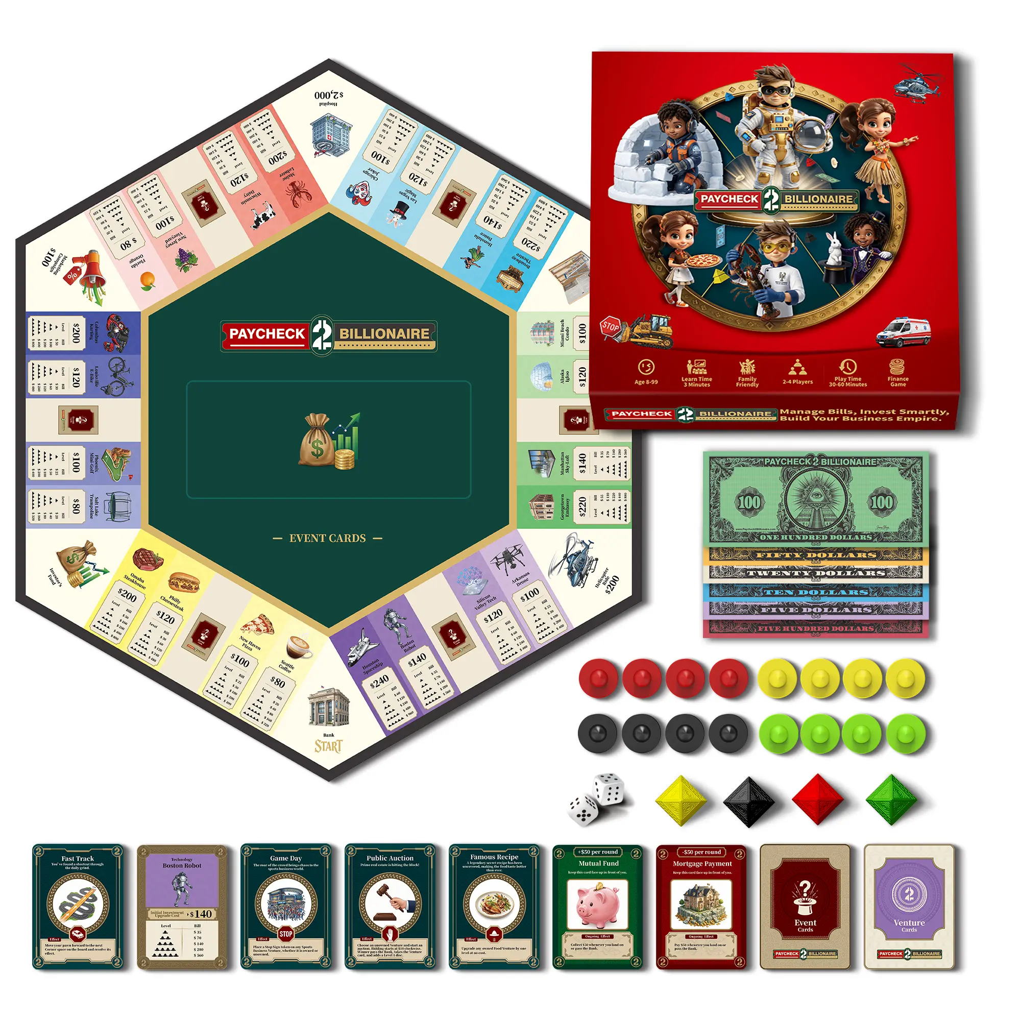 Paycheck2Billionaire Strategic Financial Freedom Board Game - Smart Investing, Cost Management, Educational Play - Ideal for Family Game Night - Ages 8+