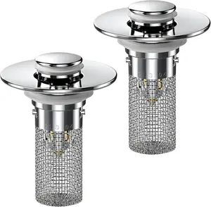 2PCS Bathroom Sink Stopper Hair Catcher, Pop Up Sink Drain Stopper with Strainer & Filter, Universal Drain Plug for Sink Drain & Replacement, Sink Drain Cover with Basket for Bathroom Stopper