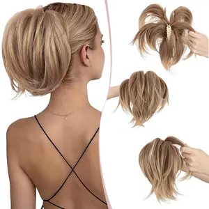 SEGOHAIR Claw Clip Short Ponytail Hair Extensions Messy Bun Hair Piece for Women with DIY Bendable Metals Straight Synthetic Fake Hairpieces