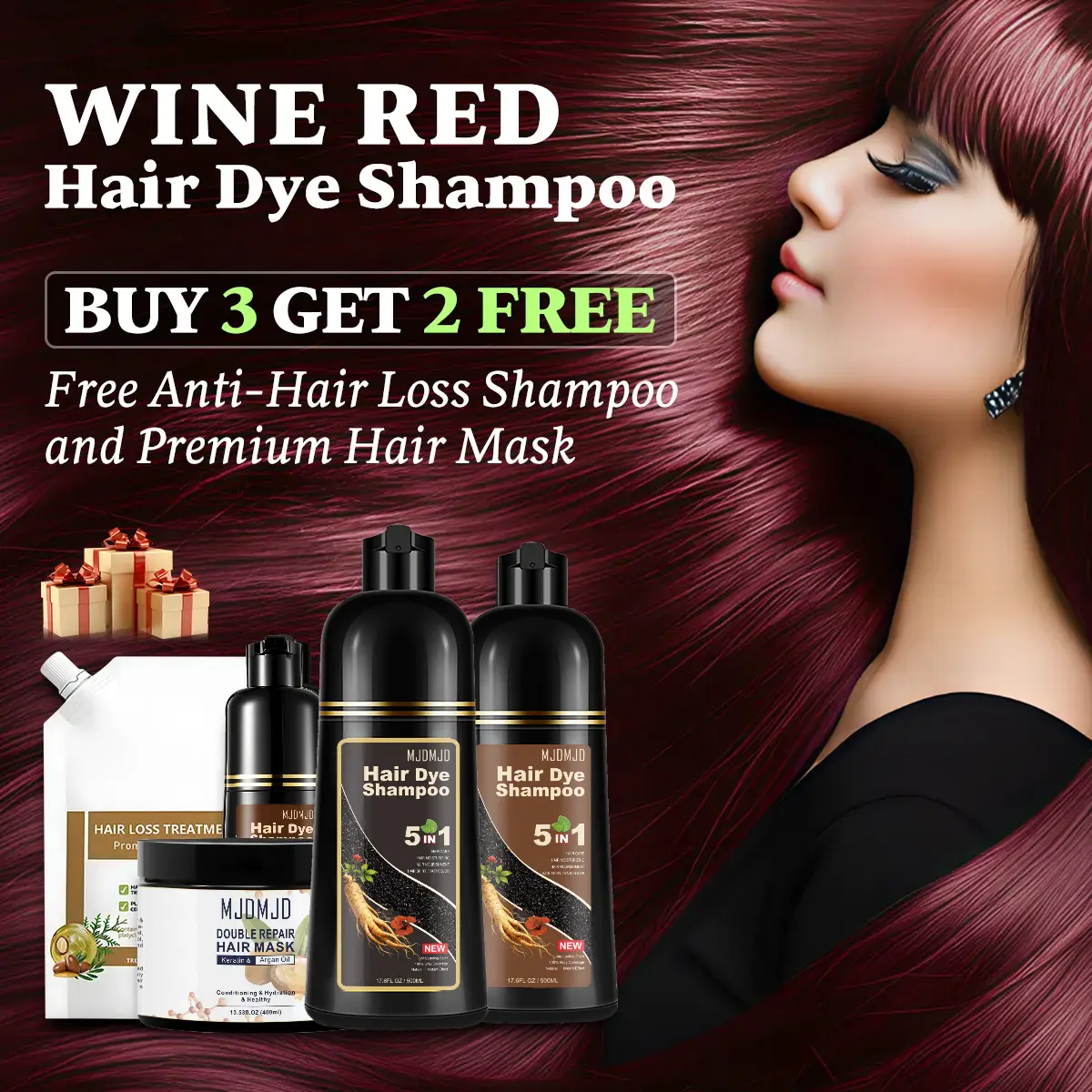 5 in 1 Red Hair Dye Shampoo, Wine Red Hair Color Shampoo For Women & Men, Instant Grey Coverage & Long-Lasting Color, Semi-Permanent Burgundy Hair Dye Shampoo & Anti-Hair Loss Shampoo & Hair Mask Kit for All Hair Types, Natural Herbal Formula