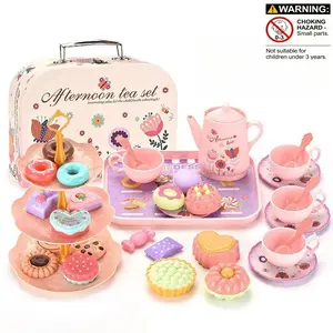 Girls Tea Party Set, Pretend Cooking Set, Pretend Play Kitchen Toy with Dessert Cookies Donuts Teapot, Princess Role Play Gift for Girls Aged 3-6 Years