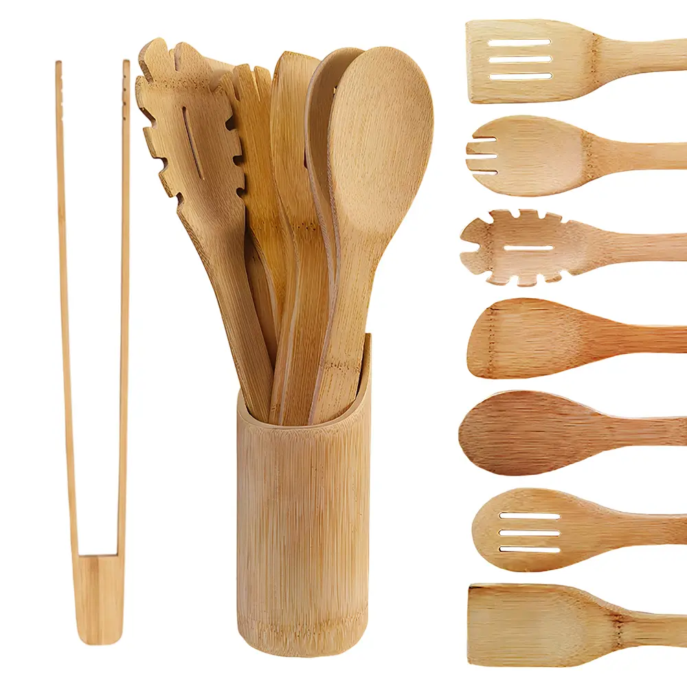 8PCS Bamboo Utensils with Holder – Bamboo Cooking Utensils Set + Holder for Nonstick – Wooden Spoon Sets for Cooking – Easy to Clean, Sturdy, Lightweight & Heat Resistant