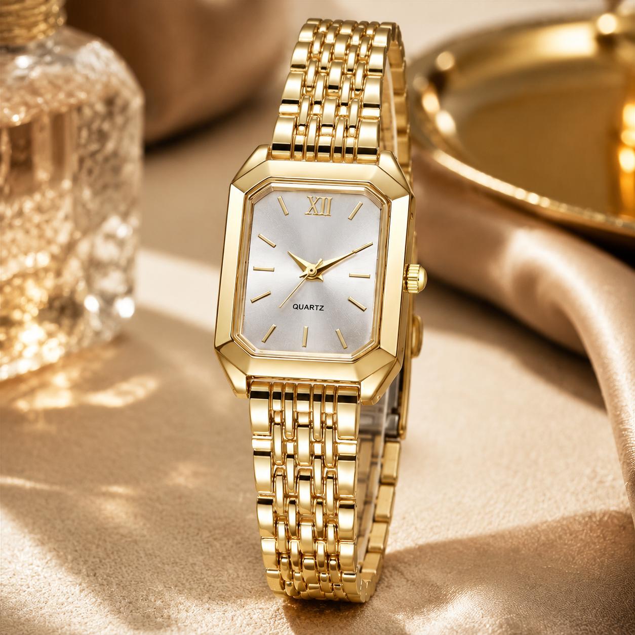 Luxury Ladies Fashion Quartz Watch Simple Scale Square Quality Gold Plated Women Watches Business, Gift Box & Adjuster & Gift for Her | Women's Lightweight Square Quartz Watch - Gold Analog, Elegant Vintage, Small Stainless Steel Bracelet Wristwatch, Girl