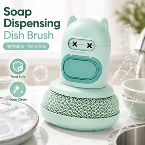Refillable Soap Dispensing Dish Brush, Green Palm Grip Kitchen Scrubber with Push-Button Soap Dispenser, Heavy-Duty BPA-Free Food-Safe Cleaner for Dishes, Pots, Pans, Nonstick Cookware, Sink and Daily Kitchen Cleaning