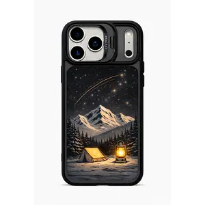 Outdoor adventure style phone case with three lens design, featuring starry sky, snow capped mountains, and camping. Durable and drop resistant protection, suitable for iPhone17 Air 16 15 14 Plus 13 12 11 Pro Max Magnetic Cover
