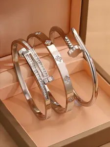 Elegant Diamond Inlaid Bracelet Set, Stainless Steel Layered Design, Perfect for Parties & Gifting, Casual Style Jewelry