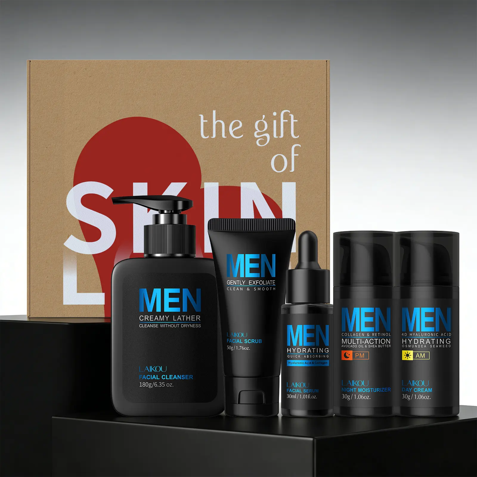 LAIKOU Men Daily & Night Skincare Set | Deep Clean Exfoliate Long-Lasting Hydration | Oil Control Pore Minimizing Full Face Care Collection