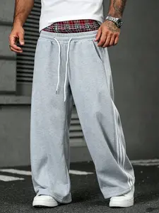 Men's Plus Size Plaid Wide Leg Sweatpants, Side Three Stripes Loose Fit, American Y2K Street Style, Casual Fleece Joggers, Loose Drawstring Sweatpants
