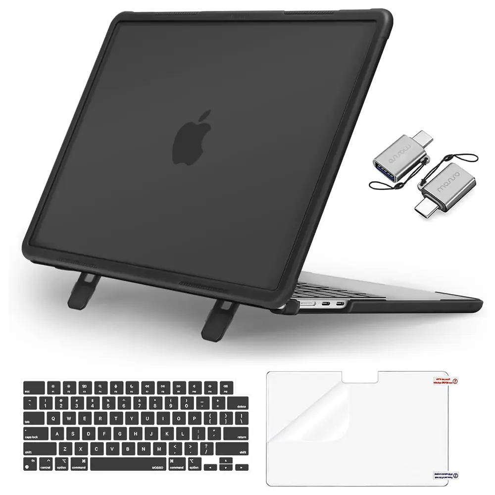 MOSISO 4-in-1 Case Compatible with MacBook Air 13.6 Inch M5 M4 M3 M2 2026-2022, Hard Shell Laptop Cover with TPU Bumper and Foldable Kickstand, Keyboard Cover, Screen Protector and USB-C Adapters, A3449 A3240 A3113 A2681, School, Office