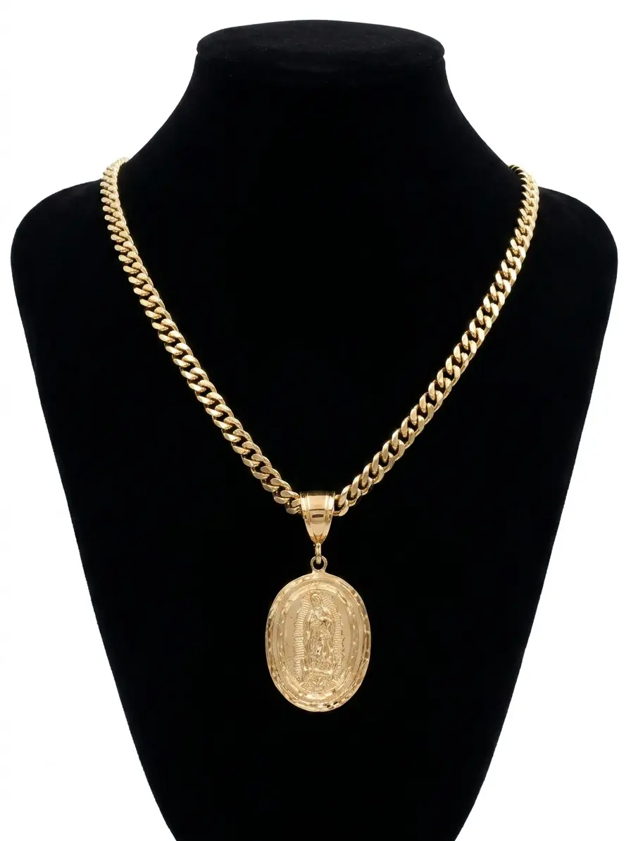 14K Heavy Plated Gold Virgin Mary Necklace Pendant with 7mm Curb Chain for Men, Lifetime Replacement Guarantee