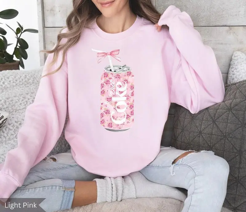 Coquette Diet Coke Sweatshirt, Floral Diet Coke Sweatshirt, Cute Baby Pink Bow, Trendy Soda Can With Roses