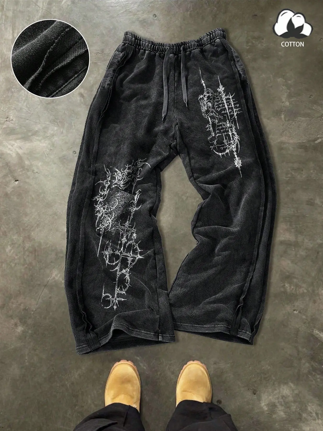 Men's Young Street Style Cotton Jogger Pants, Loose Fit Wide Leg, Elastic Waist Knit Sportswear, Washed Cotton Fabric, Exposed Seam Design, Casual Athletic Jogging, Sweat Pant Print, Athleisure Track Pants, Athleisure Style Bottoms