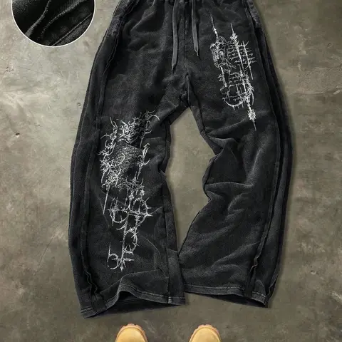 Men's Young Street Style Cotton Jogger Pants, Loose Fit Wide Leg, Elastic Waist Knit Sportswear, Washed Cotton Fabric, Exposed Seam Design, Casual Athletic Jogging, Sweat Pant Print, Athleisure Track Pants, Athleisure Style Bottoms