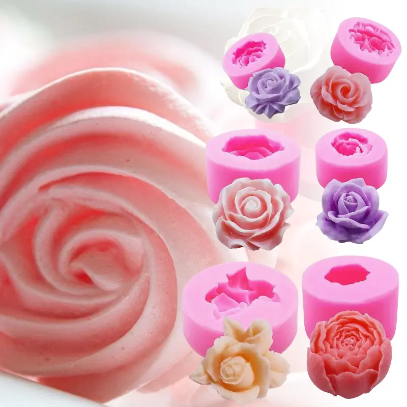 6pcs Flexible Non-Stick 3D Floral Silicone Baking Molds Set - Peony, Rose Designs, Handcrafted Tool for DIY Craft, Happy Birthday, Birthday Ideas Projects (Cubes, 3D Shapes Included)