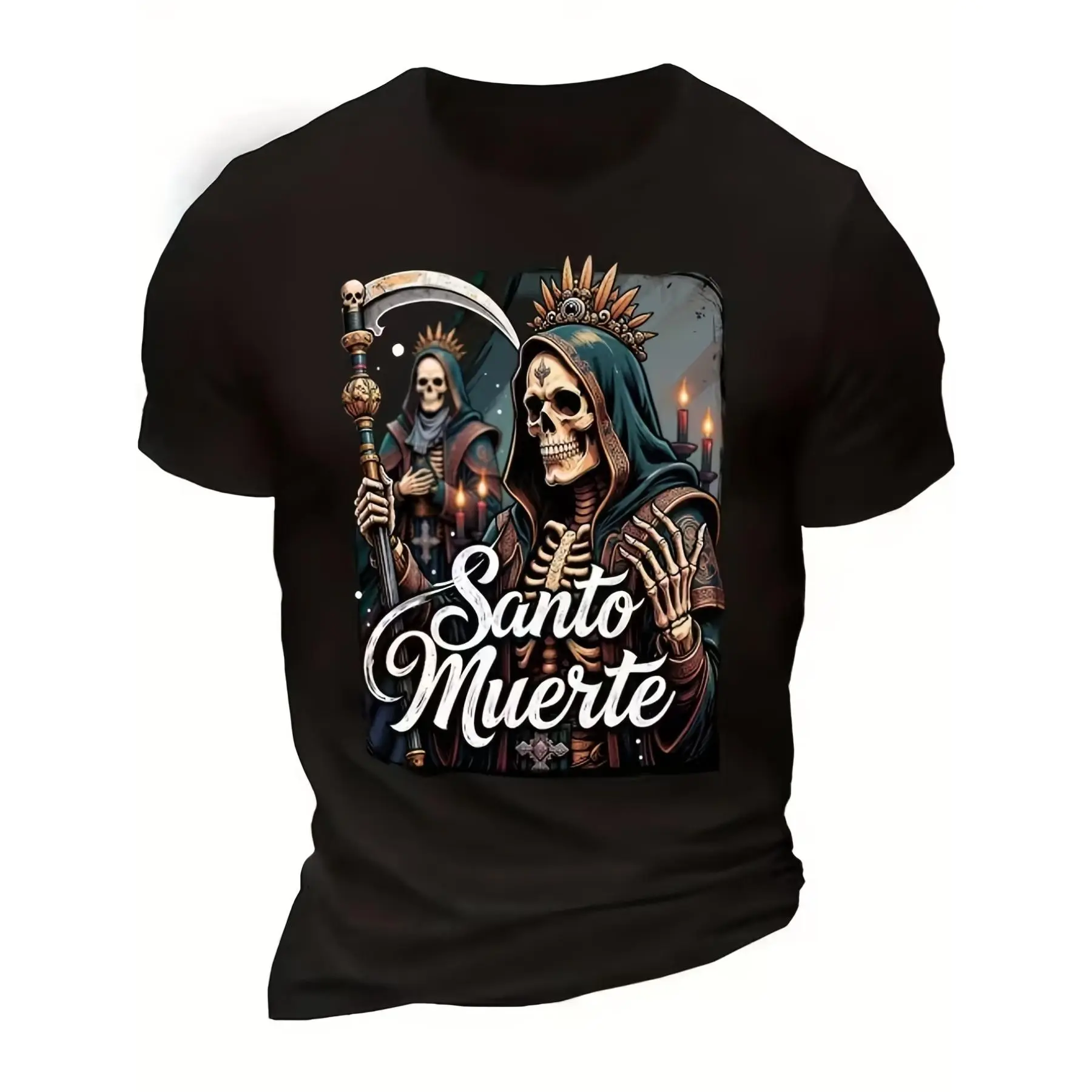 Unisex men’s and women’s T-shirt with a gothic skull pattern and Santo Muerte religious symbol, 100% cotton, soft, all-season casual streetwear essential, versatile all-season style — 220 g