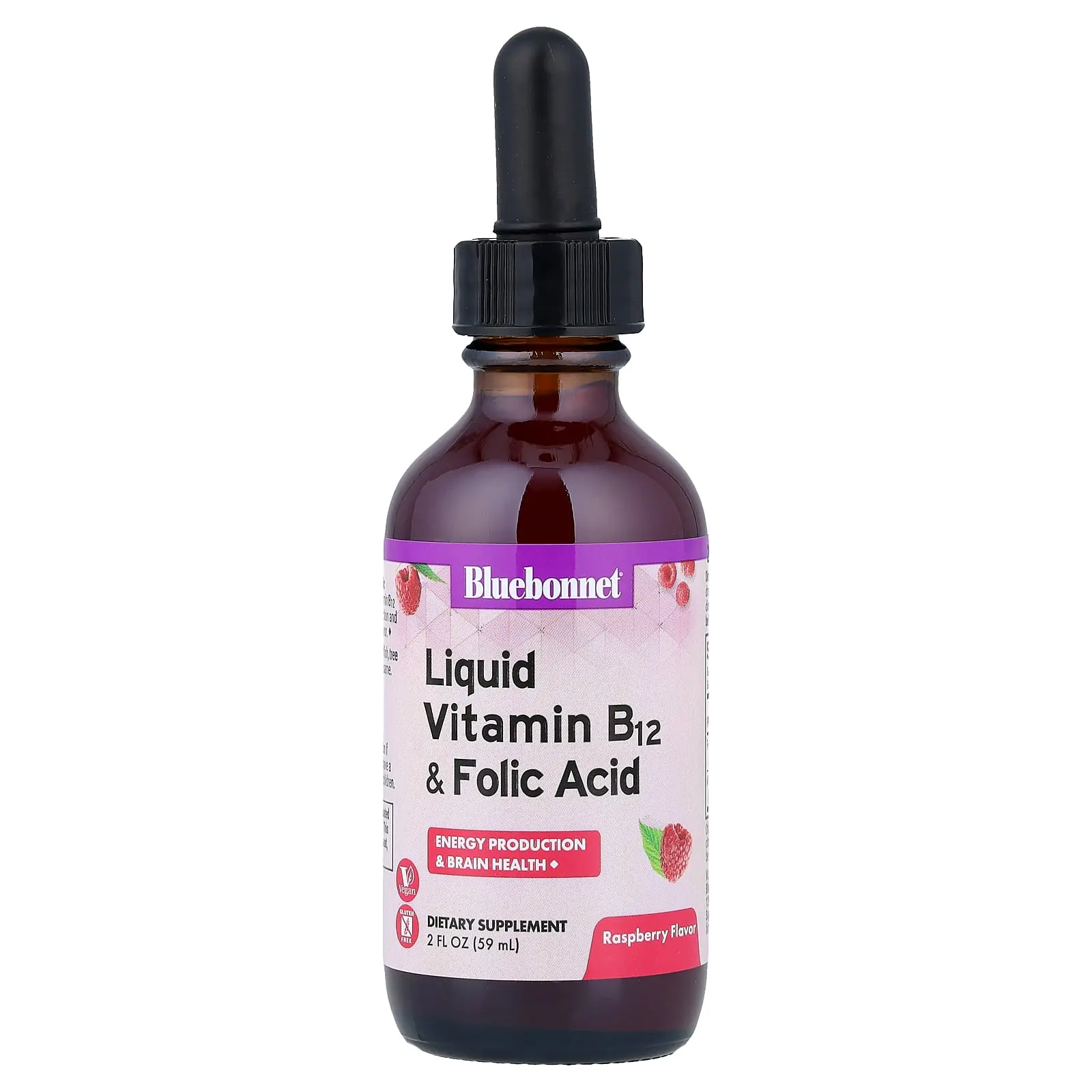 Bluebonnet Nutrition Liquid Vitamin B-12 & Folic Acid, Raspberry , 2 fl oz (59 ml)