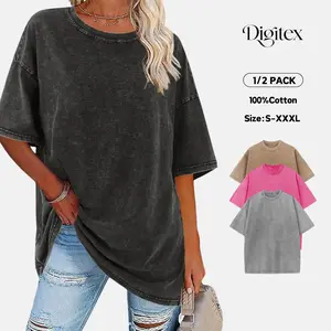 [NEW COLOR!]Digitex Women's Acid Washed Tees 1/2PCs Loose Fit Short Sleeve Casual Streetwear Baggy Basic Tops Crewneck Soft Cotton Fabric Green Minimalist Style Womenswear Solid Maternity Summer T Shirts Vintage Tshirt Round Neck Relaxed