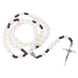 Round Acrylic Bead Rosary Necklace Catholic Religious for Cross Jesus Necklaces